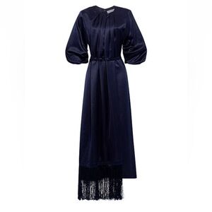 Gabriella Hearst Navy Blue Midi Dress with Fringe NWT XL